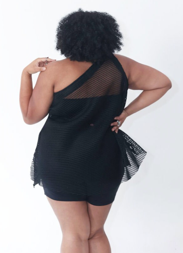 PLUS SIZE BLACK FISHNET ONE SHOULDER TOP- THE SONIA TOP