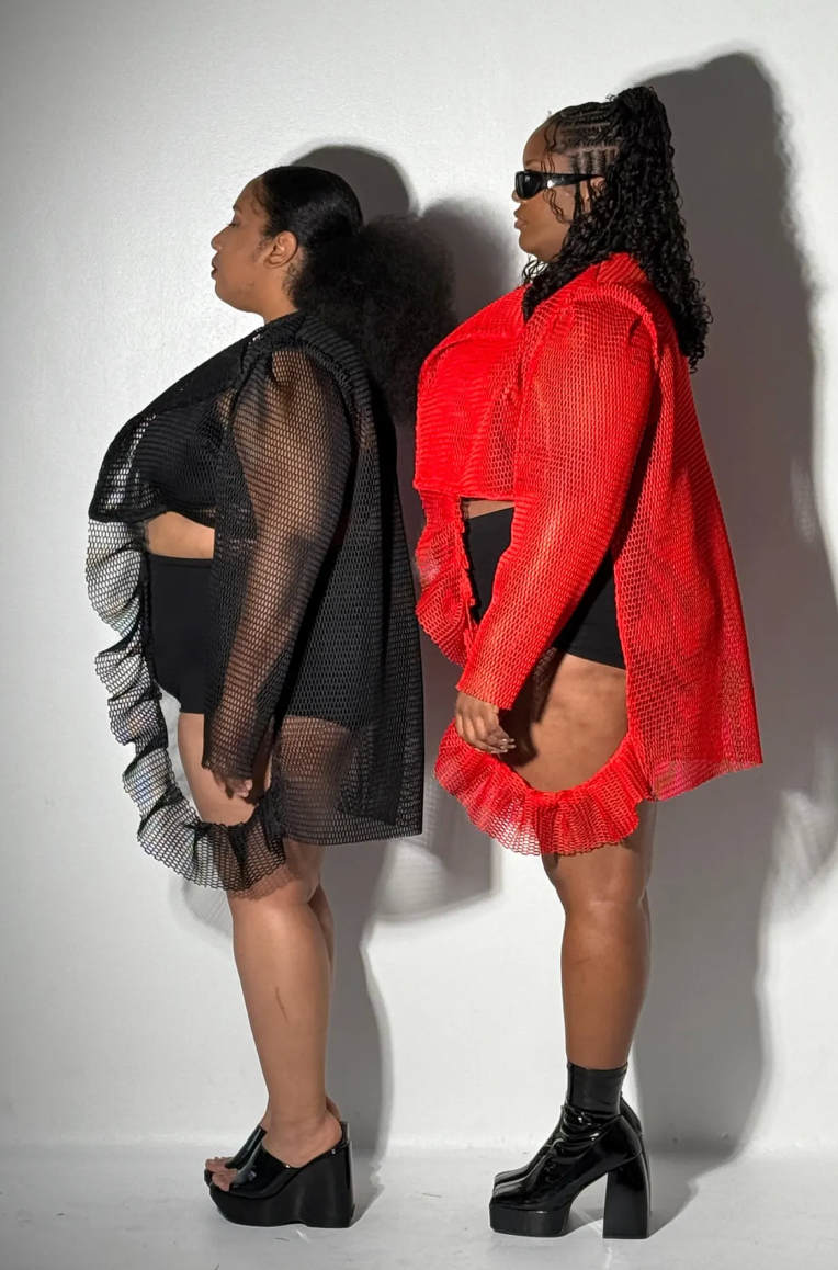 PLUS SIZE BLACK FISHNET CROP TOP W/RUFFLE - THE SOPH TOP