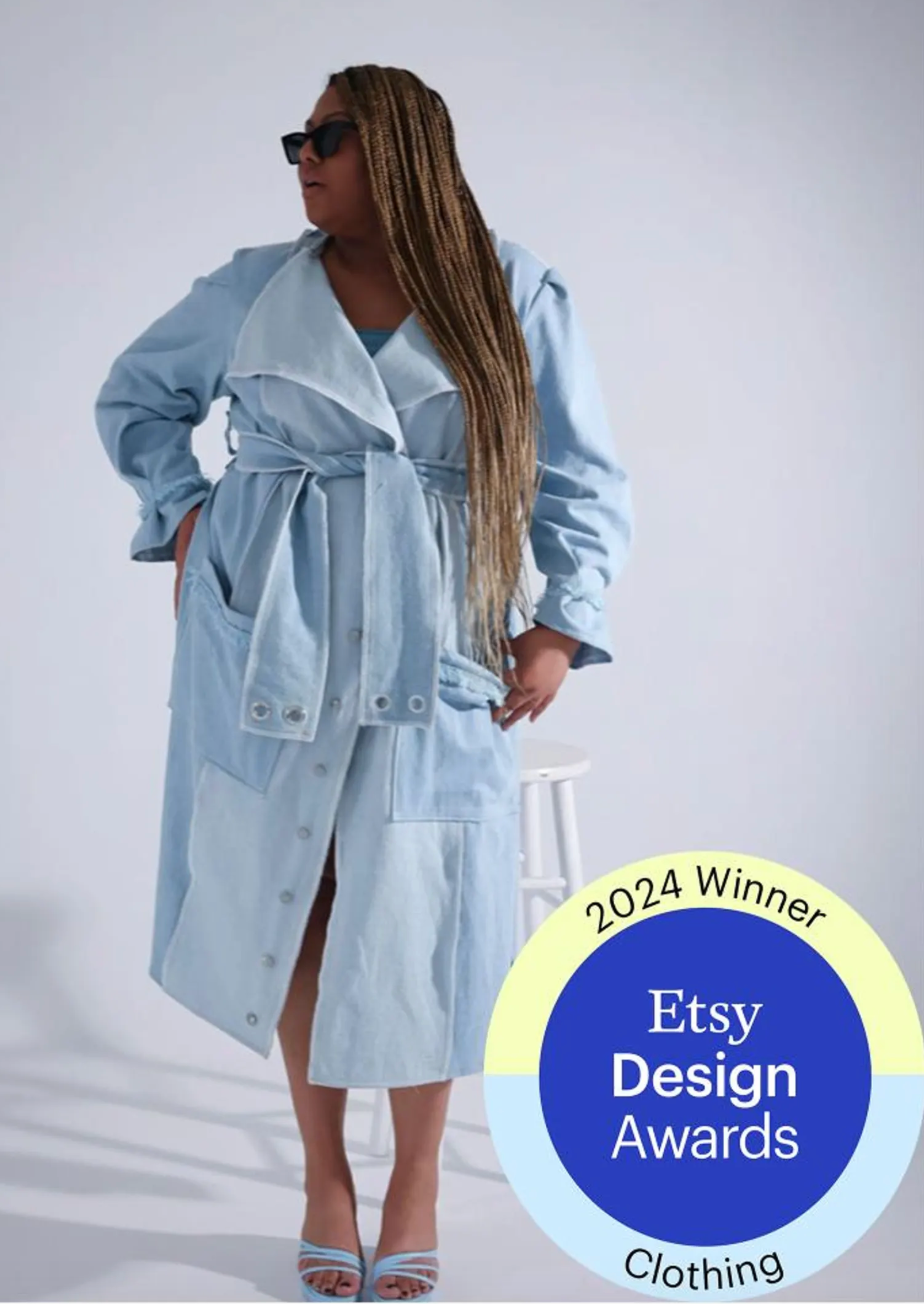 PLUS SIZE WOMENS DENIM TRENCH COAT WITH FRINGE- THE WINNIE TRENCH