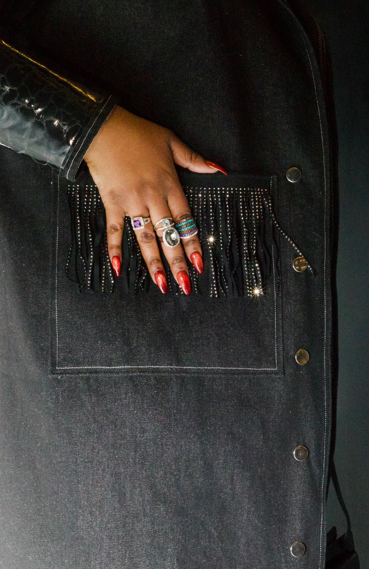 Plus Size Black Denim Jacket With Fringe And Pockets- The Ashley Jacket