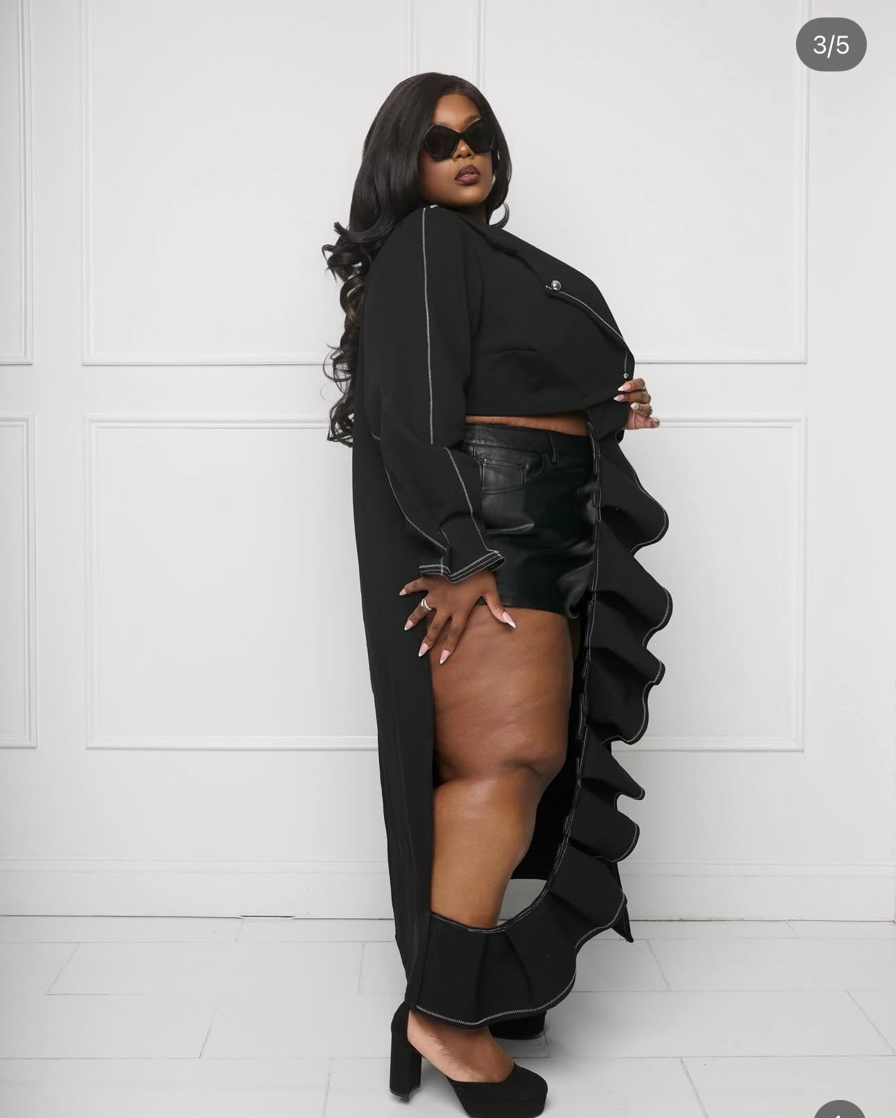 BLACK DENIM ASYMMETRICAL JACKET WITH CONTRAST WHITE STITCHING AND POCKET- THE TRISHIA JACKET