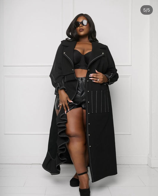 BLACK DENIM ASYMMETRICAL JACKET WITH CONTRAST WHITE STITCHING AND POCKET- THE TRISHIA JACKET