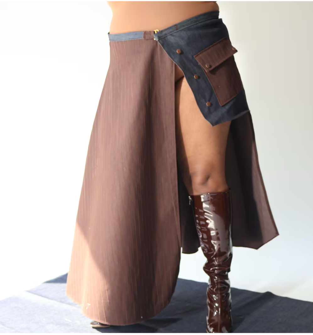 PLUS SIZE BROWN PINSTRIPE DENIM/COTTON TWILL SKIRT- THE ALEECIA SKIRT