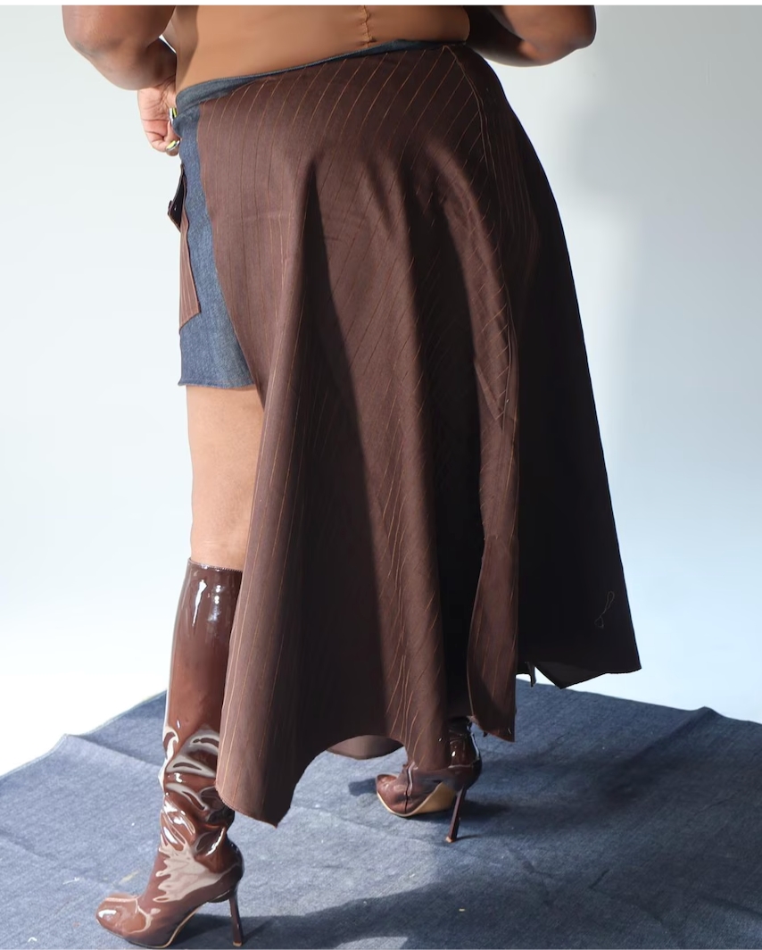PLUS SIZE BROWN PINSTRIPE DENIM/COTTON TWILL SKIRT- THE ALEECIA SKIRT