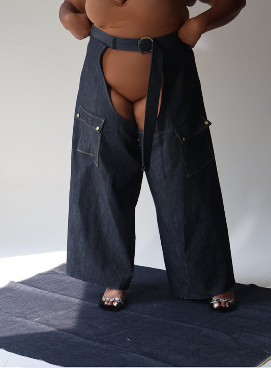 Plus Size Denim Chaps Featuring Ring Belt and Pockets