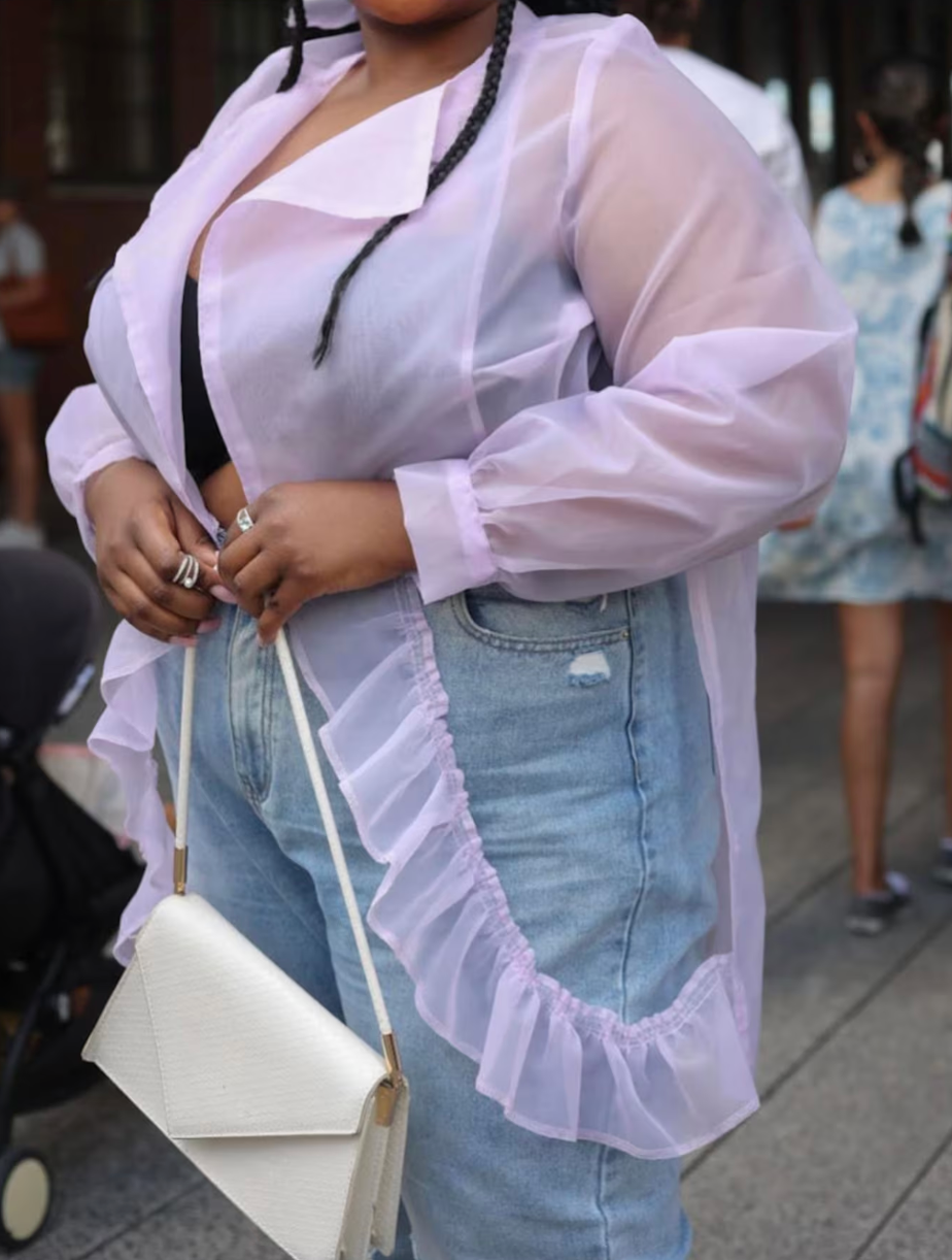 PLUS SIZE LILAC SMOOTH ORGANZA SHEER TOP W/ RUFFLES- THE SOPH TOP