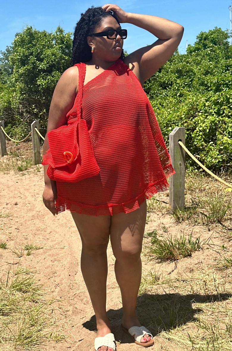 PLUS SIZE RED FISHNET ONE SHOULDER TOP W/ GOLD METAL RING- THE SONIA TOP