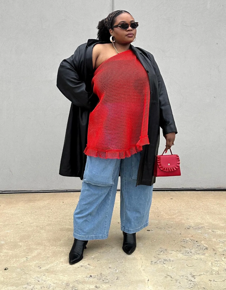 PLUS SIZE RED FISHNET ONE SHOULDER TOP W/ GOLD METAL RING- THE SONIA TOP