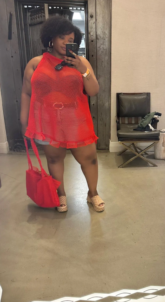 PLUS SIZE RED FISHNET ONE SHOULDER TOP W/ GOLD METAL RING- THE SONIA TOP