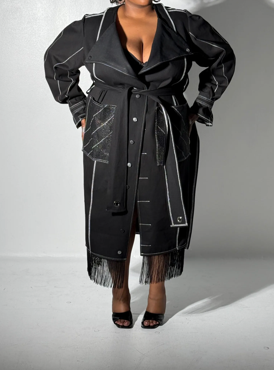 PLUS SIZE WOMENS Black Denim Fringe Trench Coat: The Winnie Jacket