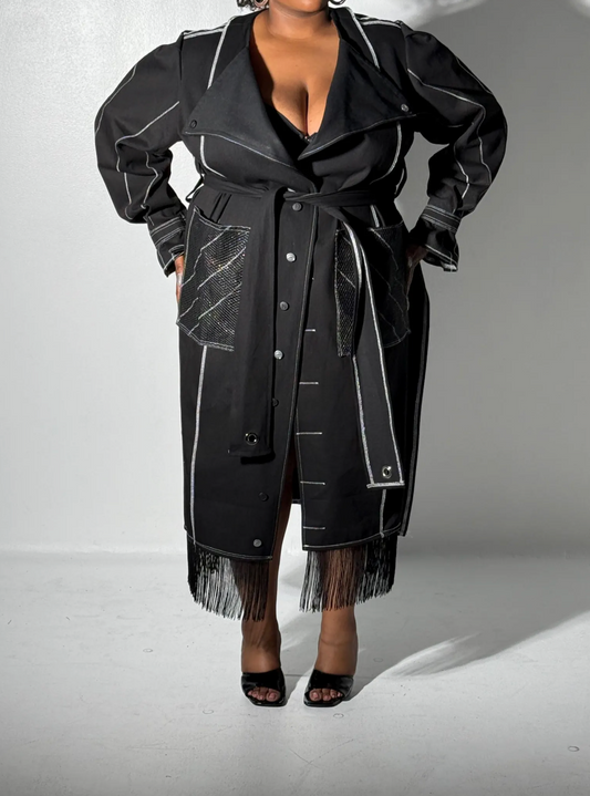 PLUS SIZE WOMENS Black Denim Fringe Trench Coat: The Winnie Jacket