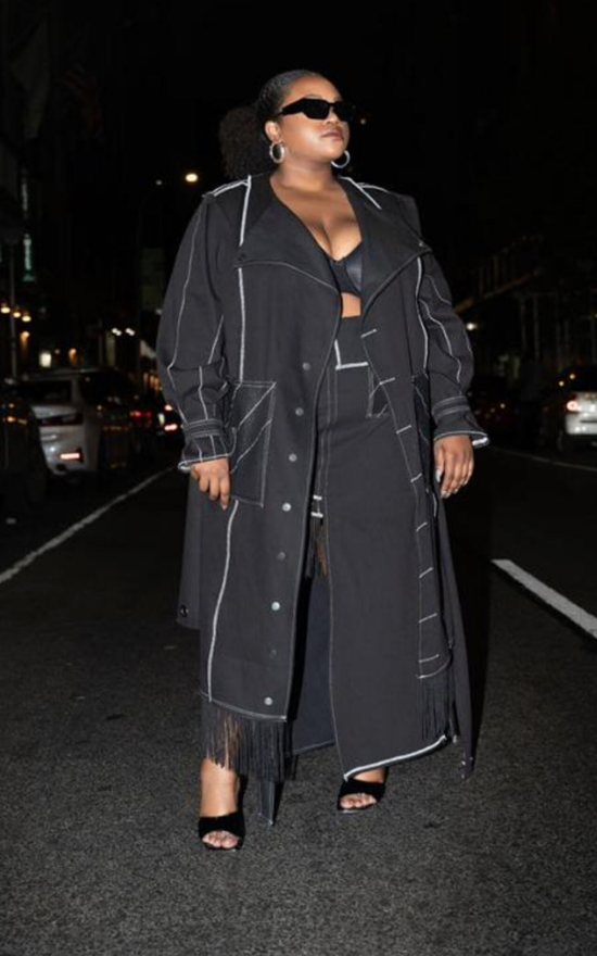 PLUS SIZE WOMENS Black Denim Fringe Trench Coat: The Winnie Jacket