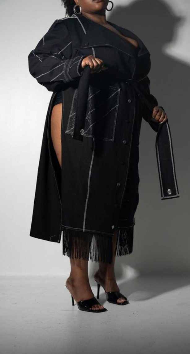 PLUS SIZE WOMENS Black Denim Fringe Trench Coat: The Winnie Jacket