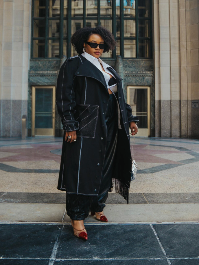 PLUS SIZE WOMENS Black Denim Fringe Trench Coat: The Winnie Jacket
