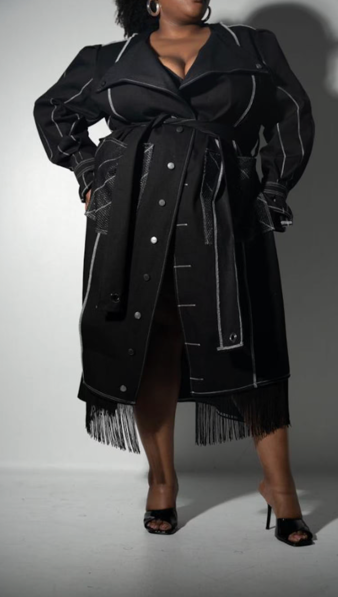 PLUS SIZE WOMENS Black Denim Fringe Trench Coat: The Winnie Jacket