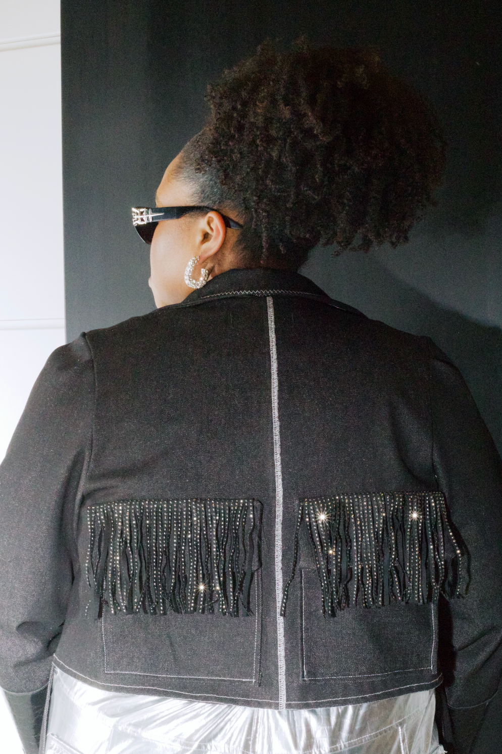 Plus Size Black Denim Jacket With Fringe And Pockets- The Ashley Jacket