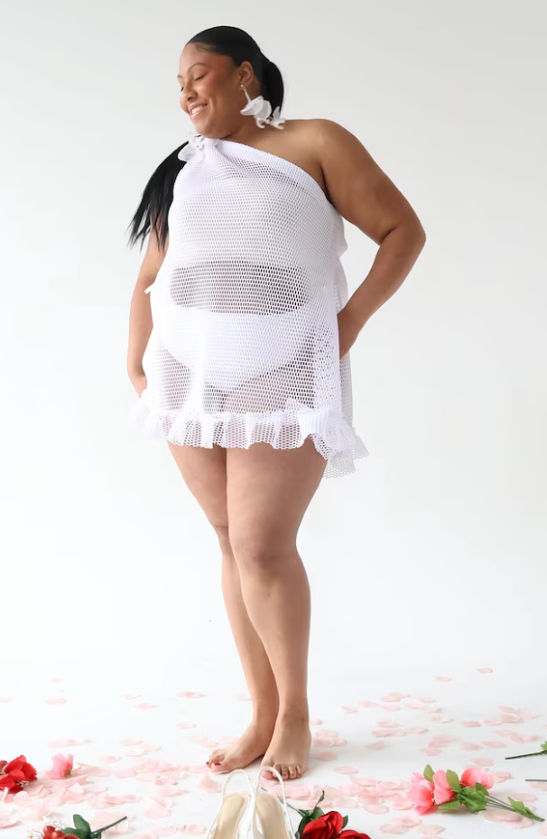 PLUS SIZE WOMENS FISHNET ONE SHOULDER BRIDAL TOP- THE SONIA TOP