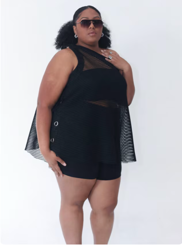 PLUS SIZE BLACK FISHNET ONE SHOULDER TOP- THE SONIA TOP