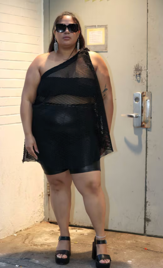 PLUS SIZE BLACK FISHNET ONE SHOULDER TOP- THE SONIA TOP