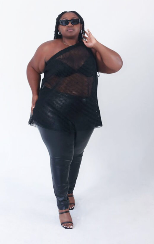 PLUS SIZE BLACK FISHNET ONE SHOULDER TOP- THE SONIA TOP