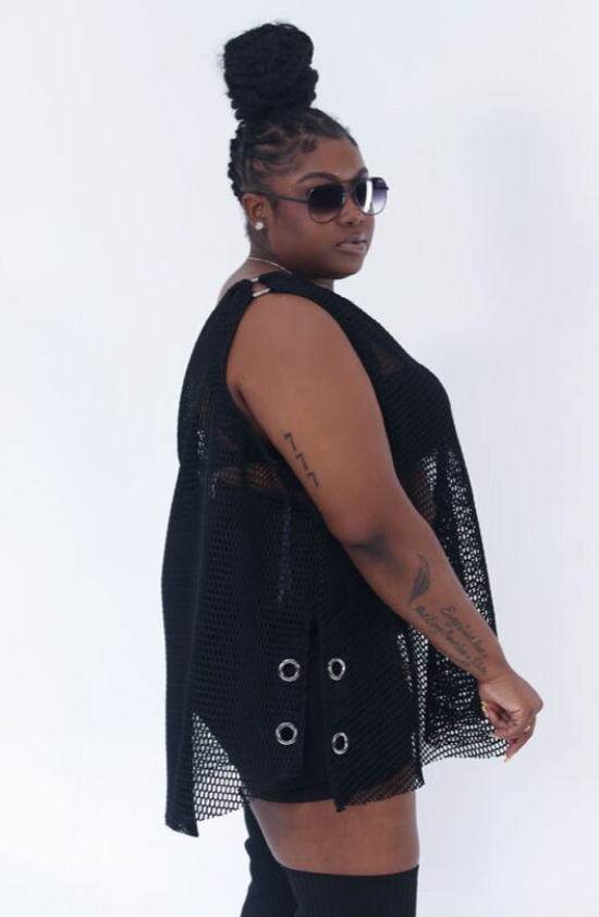 PLUS SIZE BLACK FISHNET ONE SHOULDER TOP- THE SONIA TOP