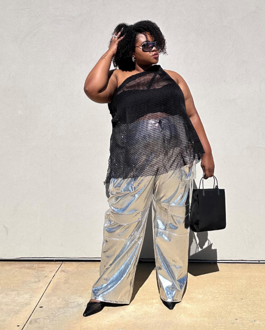 PLUS SIZE BLACK FISHNET ONE SHOULDER TOP- THE SONIA TOP