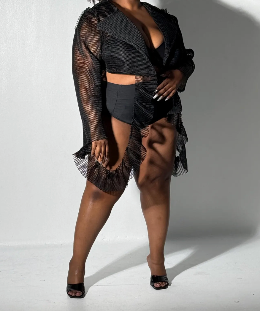 PLUS SIZE BLACK FISHNET CROP TOP W/RUFFLE - THE SOPH TOP