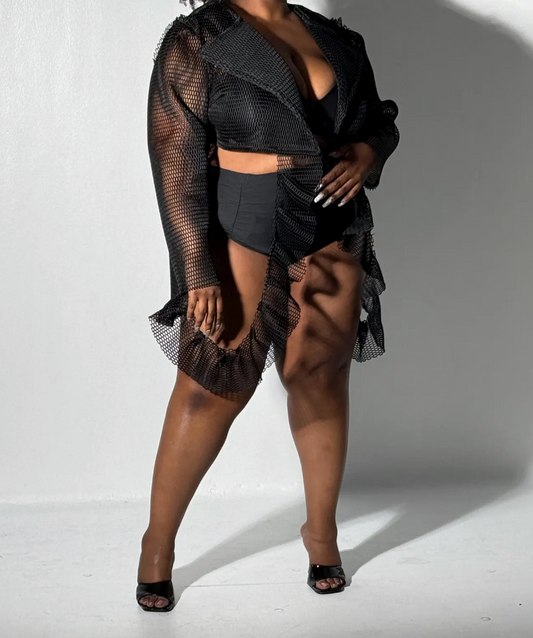 PLUS SIZE BLACK FISHNET CROP TOP W/RUFFLE - THE SOPH TOP