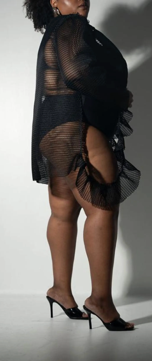 PLUS SIZE BLACK FISHNET CROP TOP W/RUFFLE - THE SOPH TOP