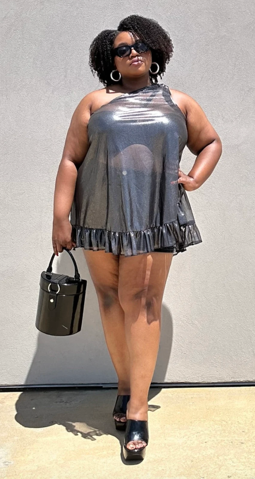PLUS SIZE METALLIC FISH NET ONE SHOULDER TOP- THE SONIA TOP