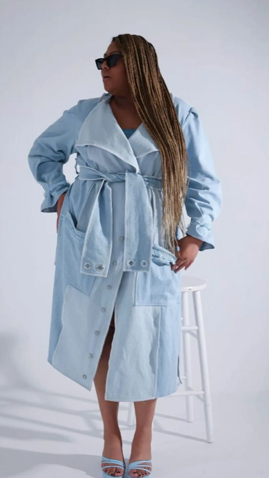 PLUS SIZE WOMENS DENIM TRENCH COAT WITH FRINGE- THE WINNIE TRENCH