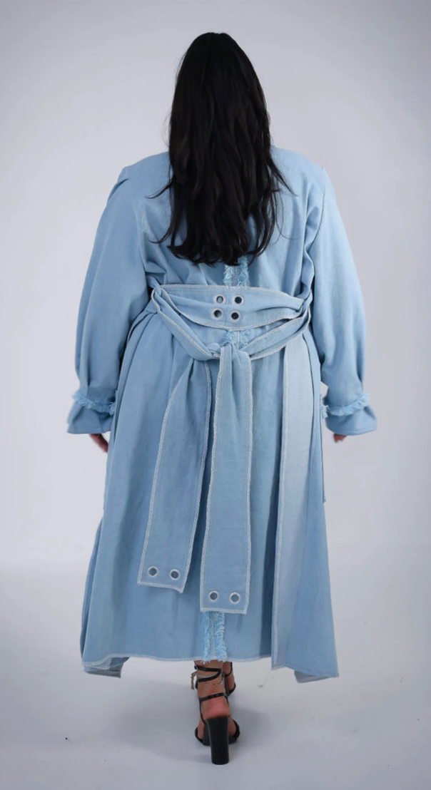 PLUS SIZE WOMENS DENIM TRENCH COAT WITH FRINGE- THE WINNIE TRENCH