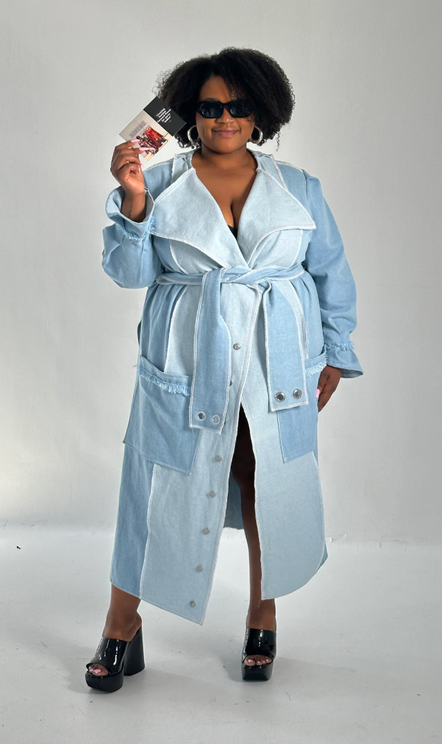 PLUS SIZE WOMENS DENIM TRENCH COAT WITH FRINGE- THE WINNIE TRENCH