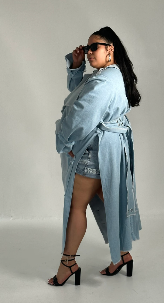PLUS SIZE WOMENS DENIM TRENCH COAT WITH FRINGE- THE WINNIE TRENCH