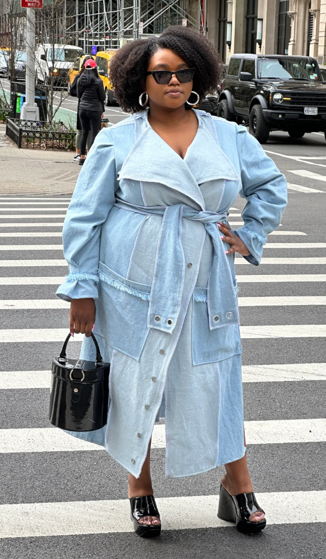PLUS SIZE WOMENS DENIM TRENCH COAT WITH FRINGE- THE WINNIE TRENCH
