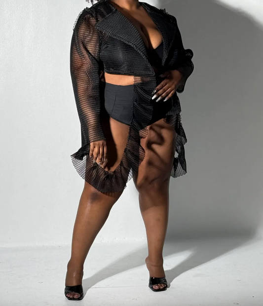 PLUS SIZE WOMENS BLACK FISHNET CROPPED TOP WITH RUFFLE- THE SOPH TOP