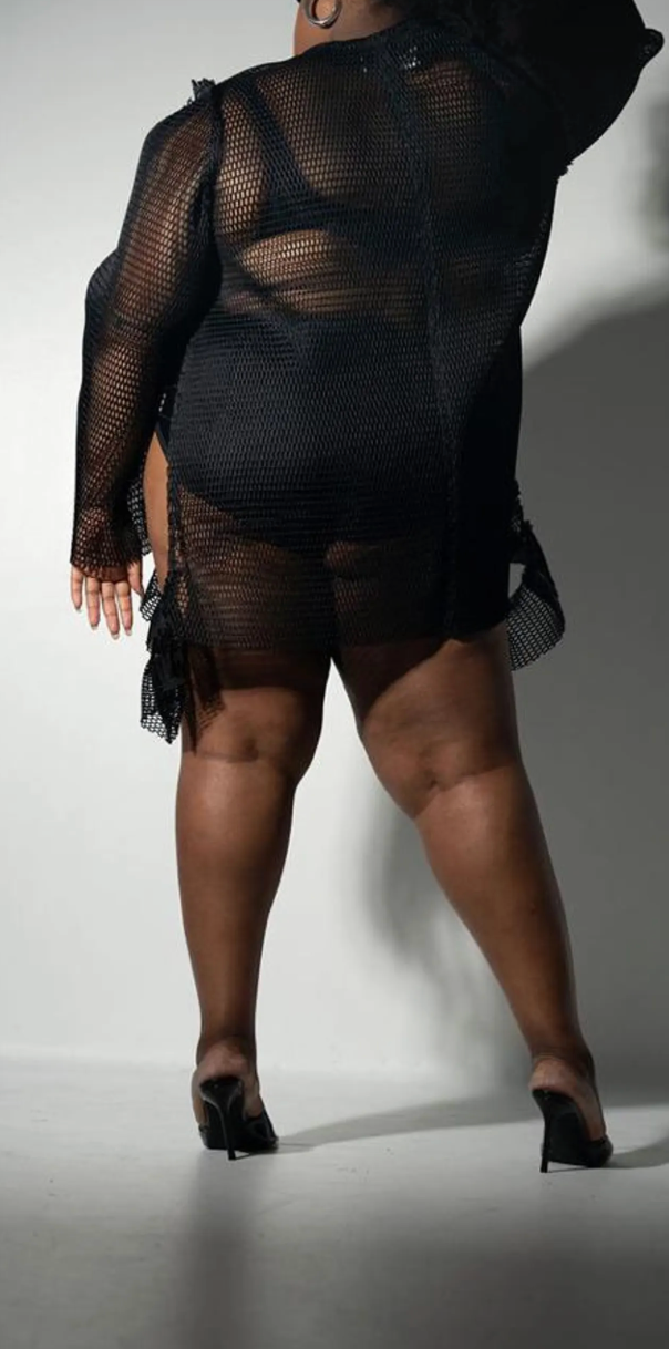 PLUS SIZE WOMENS BLACK FISHNET CROPPED TOP WITH RUFFLE- THE SOPH TOP