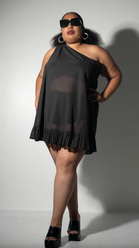 PLUS SIZE WOMENS POWER MESH STRETCH ONE SHOULDER TOP WITH GROMMETS -THE SONIA TOP