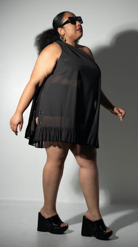 PLUS SIZE WOMENS POWER MESH STRETCH ONE SHOULDER TOP WITH GROMMETS -THE SONIA TOP