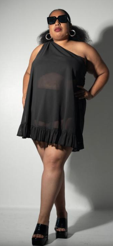 PLUS SIZE WOMENS POWER MESH STRETCH ONE SHOULDER TOP WITH GROMMETS -THE SONIA TOP