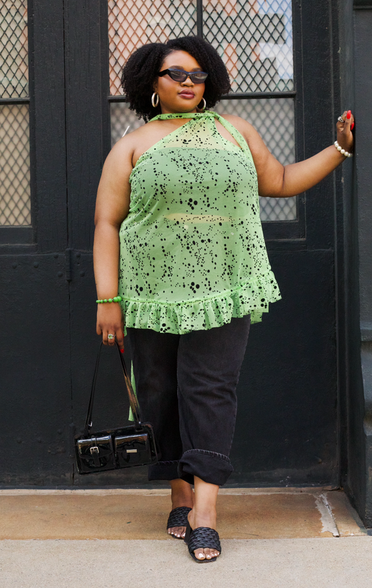 PLUS SIZE WOMENS ONE SHOULDER GREEN AND BLACK SPECKLED TOP- THE SONIA TOP