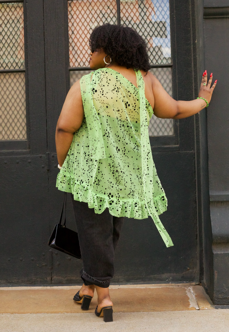 PLUS SIZE WOMENS ONE SHOULDER GREEN AND BLACK SPECKLED TOP- THE SONIA TOP