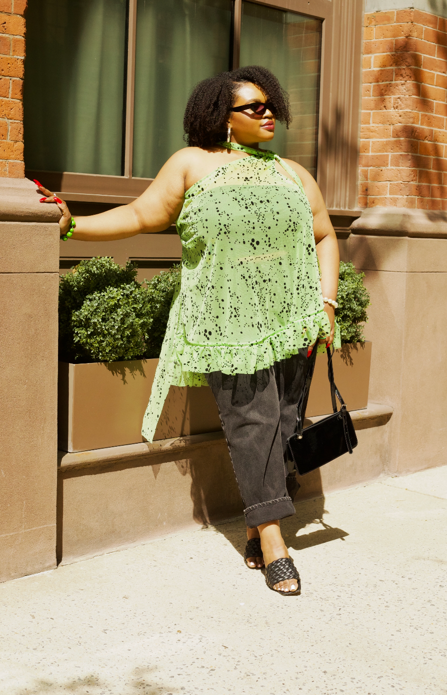 PLUS SIZE WOMENS ONE SHOULDER GREEN AND BLACK SPECKLED TOP- THE SONIA TOP