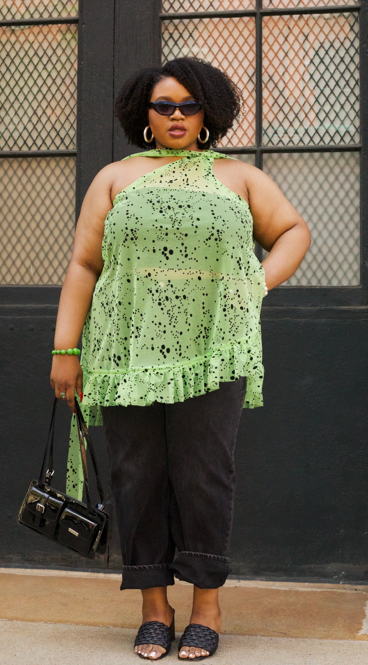 PLUS SIZE WOMENS ONE SHOULDER GREEN AND BLACK SPECKLED TOP- THE SONIA TOP