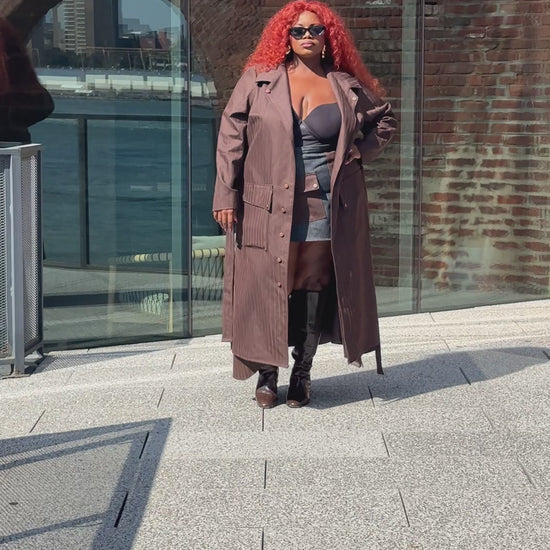 BROWN PINSTRIPE DENIM LONG COAT AND SKIRT