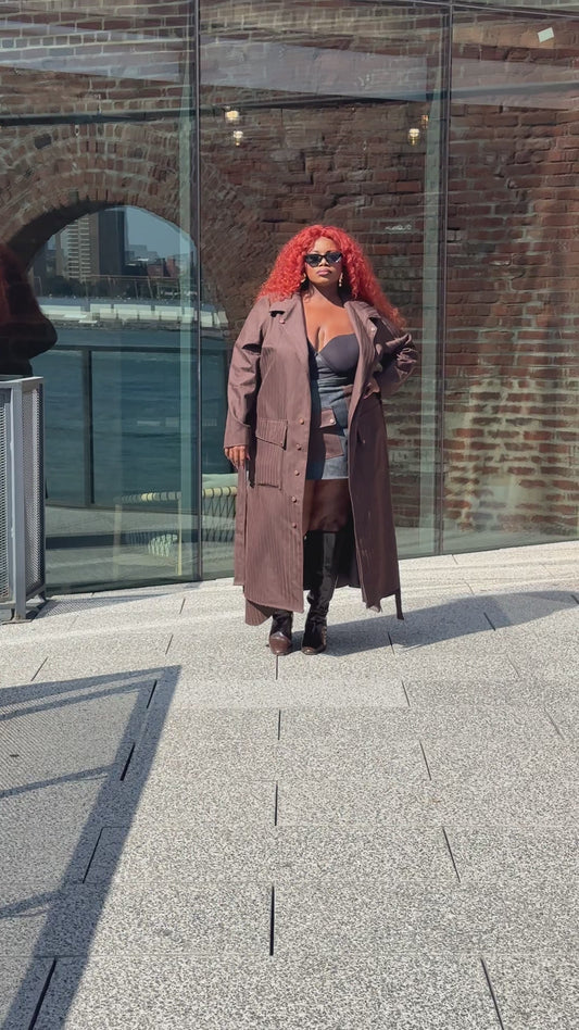 BROWN PINSTRIPE DENIM LONG COAT AND SKIRT